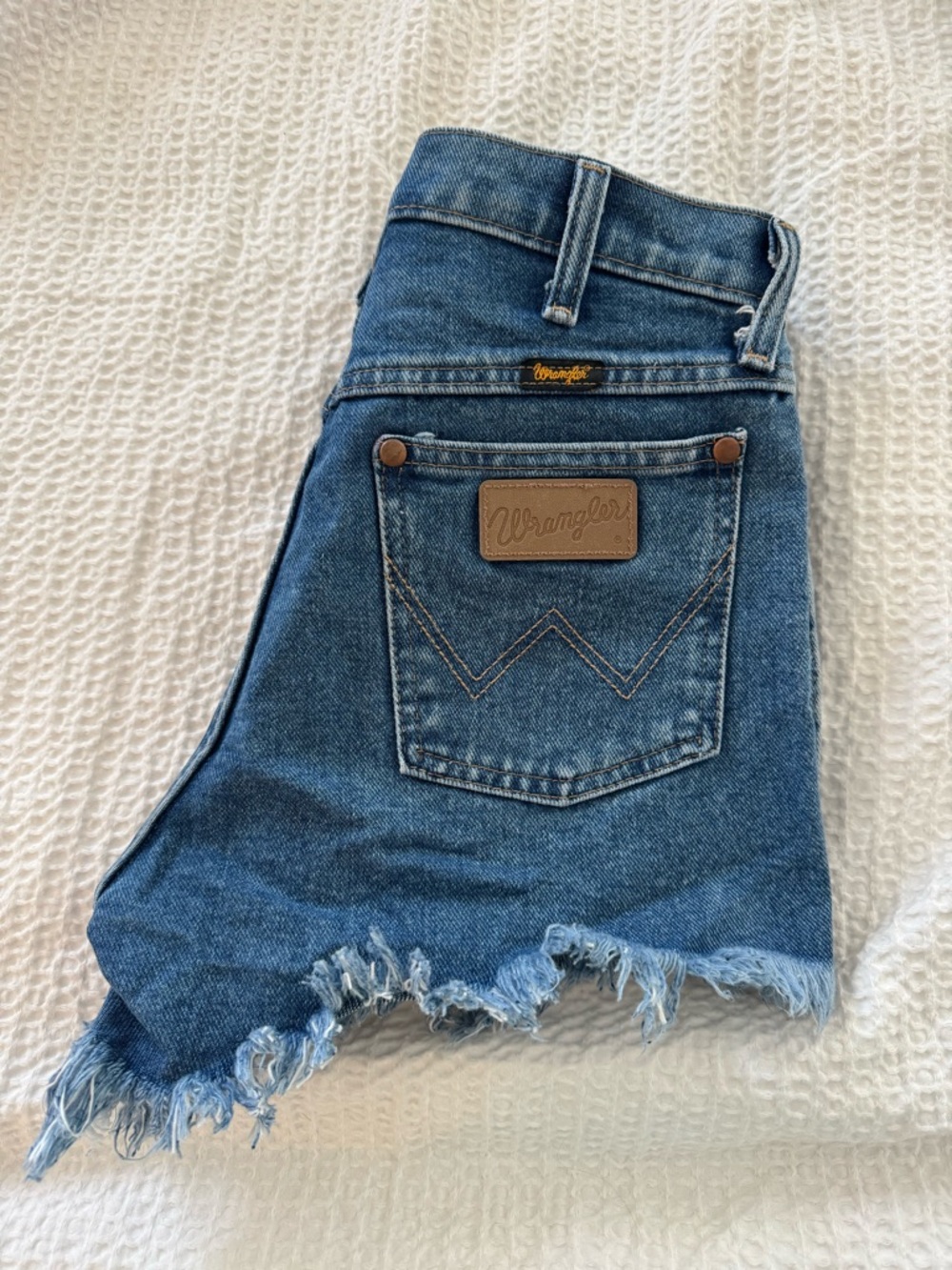 Wrangler Blue Denim Jean Shorts with Frayed Hem